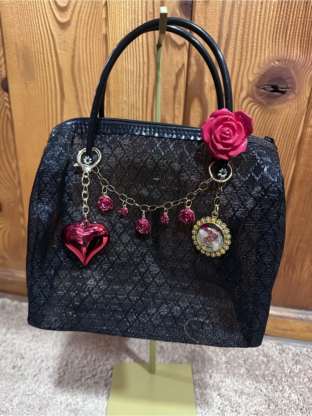 Mercado Black Handbag with Red Floral Accents